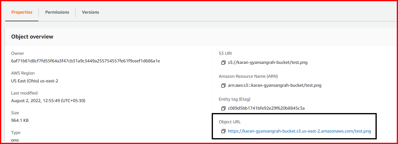 Picture showing the object URL format of the S3 bucket